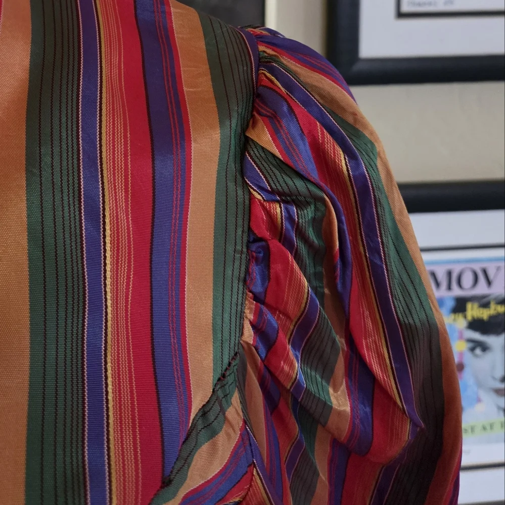 1980s Sasha Striped Print Puffed‎ Long Sleeve Acetate Blouse Shirt Top